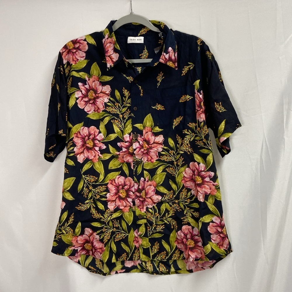 NWT Raga Man Floral Short Sleeve Button-Up Shirt Navy Pink Green Size XL